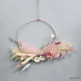 Dried Flowers Real Dried Natural Flowers Ring Bohe Wedding Decor Wreath Home Decor Dry Grass Garland Wall Hanging Wreath Decoration R230725