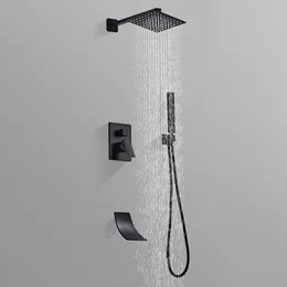 Bathroom Shower Set Black Square Rainfall Shower Faucet Wall or Ceiling Wall Mounted Shower Mixer 10" Shower Head