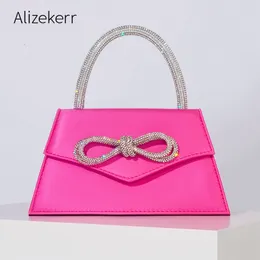 Women Bow Satin Handbags Elegant Boutique Crystal Top Handle Evening Clutch Purses Chain Crossbody Bags Wedding Party 230724