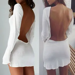 Basic Casual Dresses Sexy Backless White Evening Party Dres Elegant Long Sleeve Solid Color Loose Club Holiday Mini Dress 230724