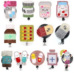 Fashion Nyckelringar Crystal Rhinestone Medical Rx Pharmacy Pill Medicine Botte Badge ID Holder Dractable Reel för dekoration207r