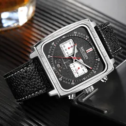 MEGIR Orologio per gli uomini Data cronografo luminoso quadrato 3ATM impermeabile nero blu cinturino in pelle moda casual classico orologi da polso