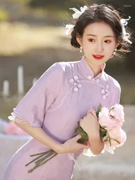 Etniska klädkvinnor Purple Cheongsam Summer Loose Spets Sleeve Slim Dress Plus Size Show Costume Chinese Style S TO XXL QIPAO S1923