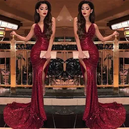 2019 Burgundy V Neck Sequin Mermaid Prom Dresses Split High Slits Vestidos De Fiesta Sweep Train Formal Long Evening Party Prom Go288x