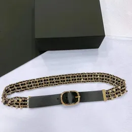 Moda wielowarstwowa perły tkające łańcuch talii jesienne metalowy pas startowy klamra czarny oryginalny skórzany pasek akcesoria geometryczna biżuteria c