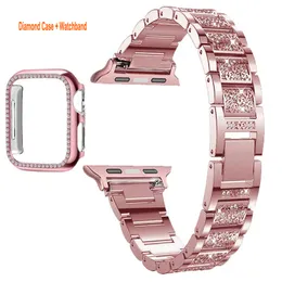 Compatible with Apple Watch band 49mm 45mm 44mm 42mm 40mm 38mm metal Band with Bling Case Cover Series 8 7 6 5 4 3 2 Glitter Diamond Bumper Case with Light Shockproof Strap