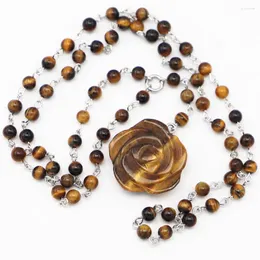 Chains Natural Tiger Eye Stone Rose Round Beads Flower Pendant Necklace Sweater Chain Charms Fashion Jewelry Making Wholesale Gift 3Pcs