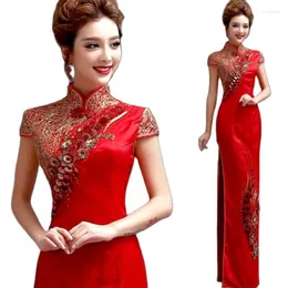 Etniska kläder kinesiska traditionella cheongsam broderier modern elegant qipao orientalisk broderad lång röd bröllopsklänning kväll festklänning