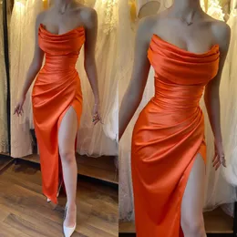 Elegantes vestidos de fiesta de color naranja Vestido de noche sin tirantes con pliegues Sin espalda Dividir Formal Largo Ocasión especial Vestido de fiesta