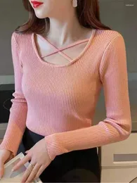 Kadın Sweaters 2023 Wome Yuvarlak Yaka Kafası Sweater Sonbahar Uzun Kollu İnce Elastik Basit Sıcak Jumper Düzensiz Düz Renk Örgü