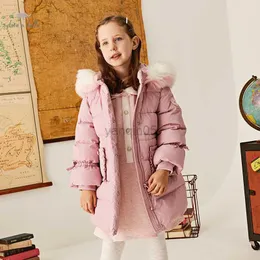 معطف لأسفل Dave Bella Winter Baby Girls 5y-13y Fashion Solid Wooded Down Coat Kids 90 ٪ White Duck Down Bated Kids Jacket DK4223689 HKD230725