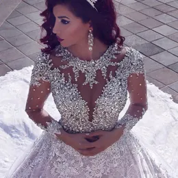 Princess Long Illusion Sleeve Crystal Luxurious Cathedral Train Ball Gown Wedding Dress Beading Dubai Arabic Applique Bridal Backl267q