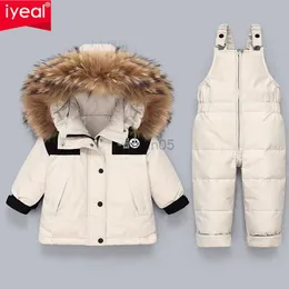 Down Coat IYEAL 2023 Winter Down Jacket Jumpsuit Baby Boy Parka Real Fur Girl Snowsuits Children Clothing Set Toddler Thick Warm Overalls HKD230725