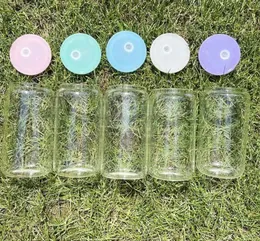 16 oz cam bardak için toptan değiştirilen renkli plastik kapaklar boş temiz buzlu cam mason kavanoz Libby Can Cooler Cola Bira Gıda Kutuları 5 Renk
