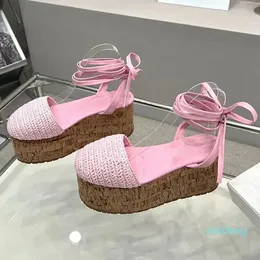 Designer - Women Grass Knitted Sandals Summer Ankle Strap Slope Heel Comfortable Sandals women Outdoor Vacation Party Dress Shoes