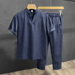Męskie dresy letnie wysokiej jakości elastyczny zestaw krótkich rękawów dla cienki pasiastki stojący kołnierz młodzieżowe spodnie modowe