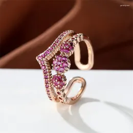 Anéis de casamento charme rosa pedra vermelha anel ajustável cor de ouro feminino vintage bandas tamanho aberto noivado para mulheres joias de noiva