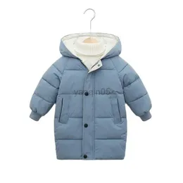 Down Coat Children's down jacket cotton warm long jacket 2023 new winter hooded effect solid colored cotton jacket HKD230725