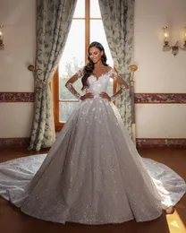 Elegant bollklänning bröllopsklänningar långa ärmar v hals paljetter applique ruffles blixtlås diamanter pärlor 3d blommor plus storlek brudklänningar skräddarsydd vestido de novia