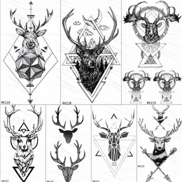 OMMGO Geometric Elk Antlers Triangolo Temporaneo Tatuaggi Freccia Rotonda Cervo Rombo Tatuaggio Body Art Braccio Nero Falso Tatuaggi 3D Adesivo
