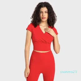 Lu t-shirt yoga üstleri tereyağı yumuşak v boyun sweatshirt süper geniş hem tee çıplak duyu üst kadınlar kısa kollu gömlek iplik kumaş pilili