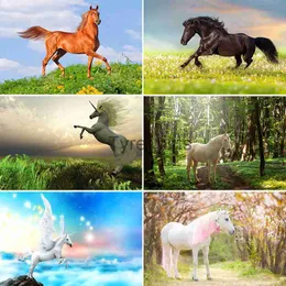 Background Material Bonvvie Photography Background Grassland Blue Sky Cloudy Running Horse Children's Photography Background Photography Studio x0724