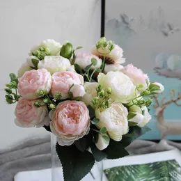 Dried Flowers New rose pink silk peony artificial flower bouquet big heads buds cheap fake flowers suitable for family wedding decor R230725