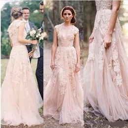 2019 Blush Lace Wedding Dresses v Neck Cap Sleeves Reem Acra Puffy Bridal Donshs Vintage Country Garden A-Line Length Wedding243S