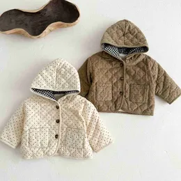 Down Coat Ins 2023 Winter Baby Boys Coat Corduroy Padded Long Sleeve Hooded Infant Boys Jacket Pocket Dot Warm Newborn Boys Snowwear HKD230725