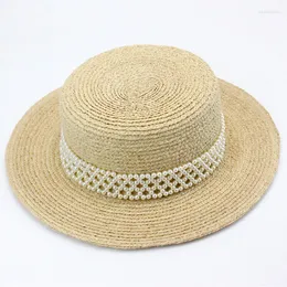Cappelli a tesa larga Classico da donna Sun Luxury Pearl Band Intrecciato a mano Cappello in rafia fine Donna Summer Boater Panama Beach Fedora