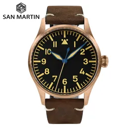 Diğer Saatler San Martin 41mm Cusn8 Bronz Pilot Saat NH35 Otomatik Mekanik Erkekler Askeri Basit Safir 10bar Deri Relojes 230725