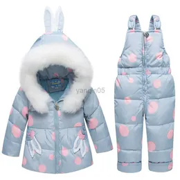 Down Coat Winter Children Clothing Girls Sets Warm Rabbit Ears Hood White Duck Down Jacket + Bib Pants Kids Windproof Baby Snowsuit HKD230725