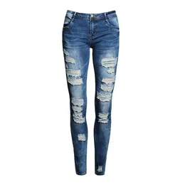 Новые брюки -брюки с синими джинсами Женщины с высокой талией тонкая дыра разорванная джинсовая джинсы повседневные брюки для растягивания джинсы для женщин191