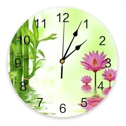 Relógios de parede Flores de lótus e relógio de bambu grande cozinha moderna jantar redondo quarto silencioso relógio suspenso