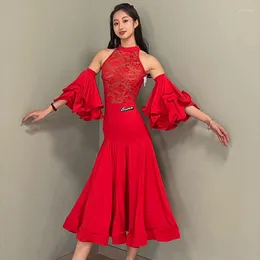 Stage Wear 2023 Dance Dance Red Red Competition Latin Waltz Tango Performing Costume Club Sukienki BL8317