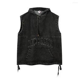 Men's T Shirts Vintage Letter Embroidery Washed Sleeveless Hooded Jeans Tees Men And Women Streetwear Loose Casual Oversized Denim Vest