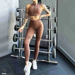 Yoga Kıyafetleri 2023 Fermuarı Leopar Baskı Spor Spor Salonu Yoga Setleri Kadın Spor Bdra Scrunch Pants Fitness Taytlar Kadınlar İçin Egzersiz Kıyafetleri X0724