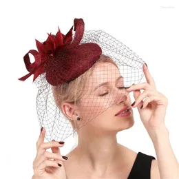Alta qualità 4 strati Sinamay Wedding Mesh Fascinators Cappello Marron Veils Fascinator Accessori Piume femminili Elegante copricapo