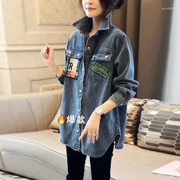 Jaquetas masculinas jeans patchwork camisa xadrez feminina manga comprida solta 2023 primavera e outono vestido fora para usar um casaco fino