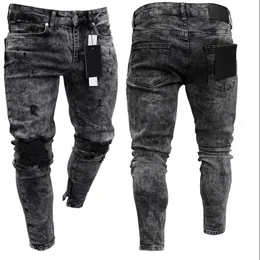 Men s Jeans Biker Distressed Stretch Ripped Men Hip Hop Slim Fit Holes Punk Zipper Pure Color Denim Pants 230724