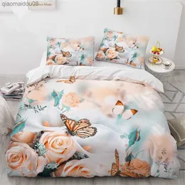 Pink Rose Floral Flower Butterfly Quilt 3Pcs King Full Size Duvet Cover Bedding Linen Set Bedspread For a Child 200x200 240x220 L230704