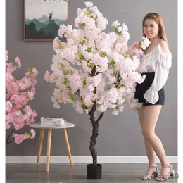 Dried Flowers Home Artificial Fake Cherry Tree Bonsai Floor Leaves Decor Living Interior Room Pink Fake Plants With Pot Simulation Flowers R230725