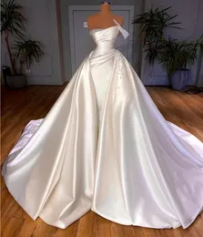 Satin Church Wedding Dress 2023 Elegant Vintage One Shoulder Pearls Beads Wedding Bride Gowns White A Line Arabic Dubai Vestido De Noiva