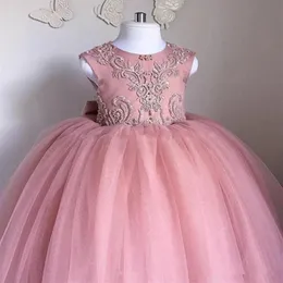 Tule Rosa Vestidos Princesa Dama Flor Imagem Real 2019 Arco Combinado Sem Costas Vestidos De Comunhão até o Chão Renda Concurso Infantil Gow172y