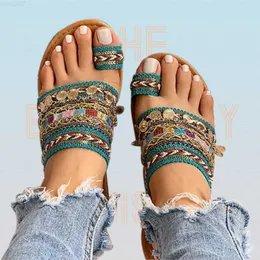 Kapdyty bohemian etniczny w stylu etnicznym Kappy cekiny femme anty-poślizgowe klapki letnie buty Flipflops Flipflops grecki płaskie sandały samice L230725