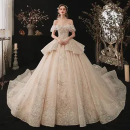 2023 Vintage Arabic A Line Wedding Dresses embroidered Long off shoulder lace shiny gown Button Covered Belt Princess Dubai Brides Gowns Robe de mariee Court Train