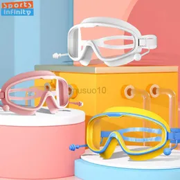Goggles barn barn simningglasögon flicka pojke stor ram vattentät anti-dimma HD transparenta bucklor baby simningsglasögon med öronpropp HKD230725