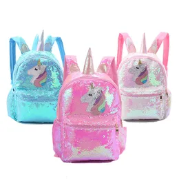 Skolväskor Fashion Girl Sequin Unicorn Children's Ryggsäck PVC Merraid Shiny Light Ryggsäck för flickor och pojkar Cartoon Shoulder Bag 230724