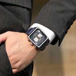 Megir Orologio Uomo Cronografo Quadrato - Datario, Impermeabile 3 ATM, Cinturino In Pelle Nero E Blu - 4