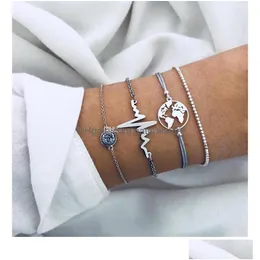 Charm Bracelets Heartbeat Bracelet World Map Alloy Ecg Mtilayer Wrap Fashion Jewelry Set Will And Sandy Drop Delivery Dhtin